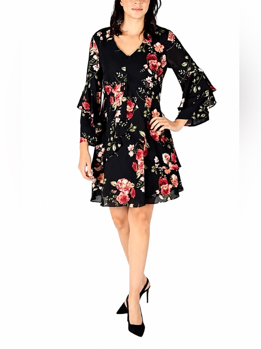 Signature By Robbie Bee Black Floral Rose Print Dress Size 14 Boho Y2K